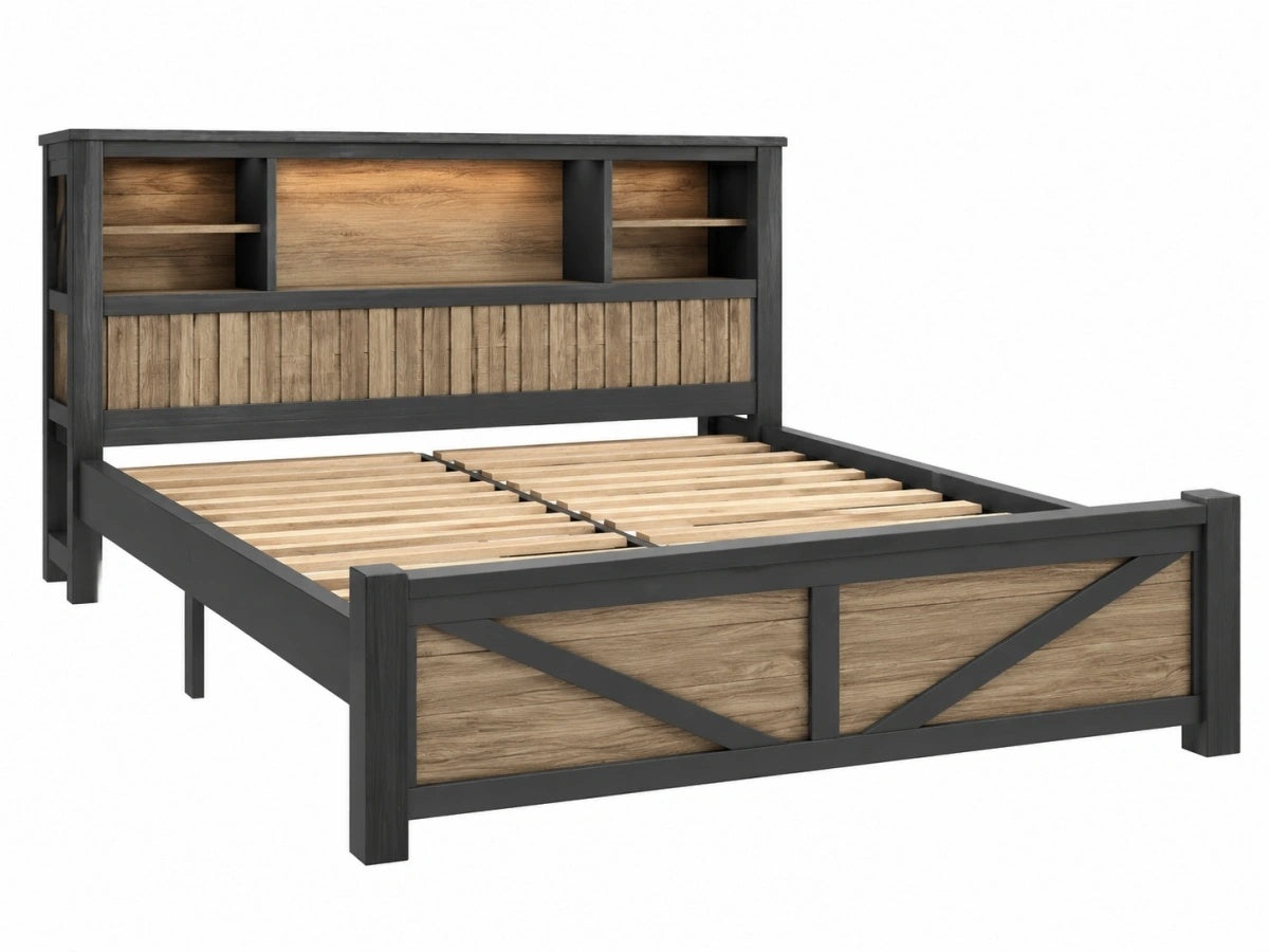 Letto Matrimoniale in Legno Industriale con Ripiani