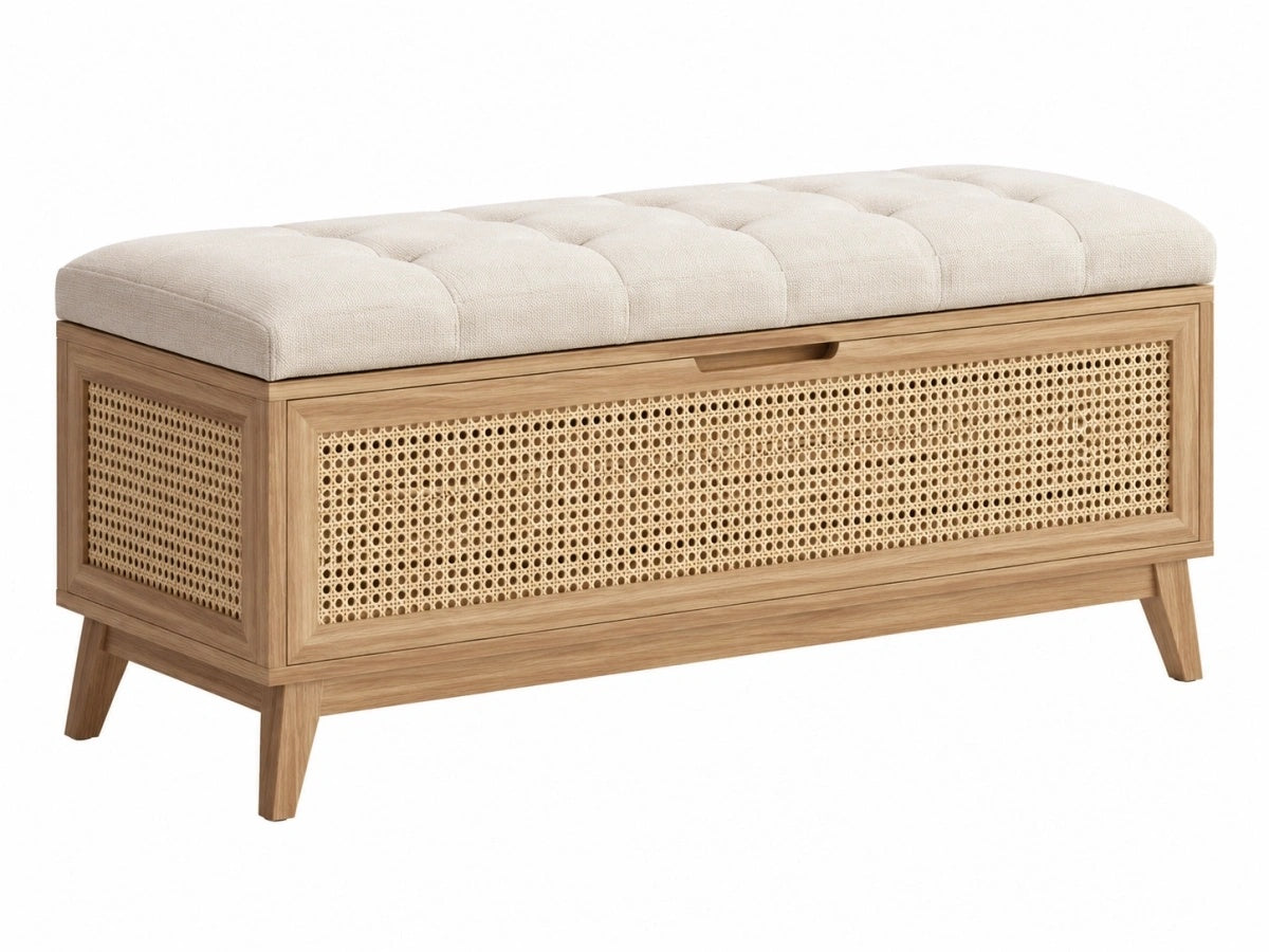 Panca Contenitore in Legno Tessuto Imbottito - Stile Naturale