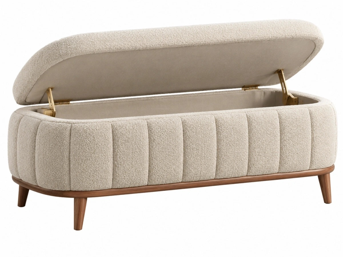 Panca Contenitore in Tessuto Beige con Gambe in Legno - Stile Moderno