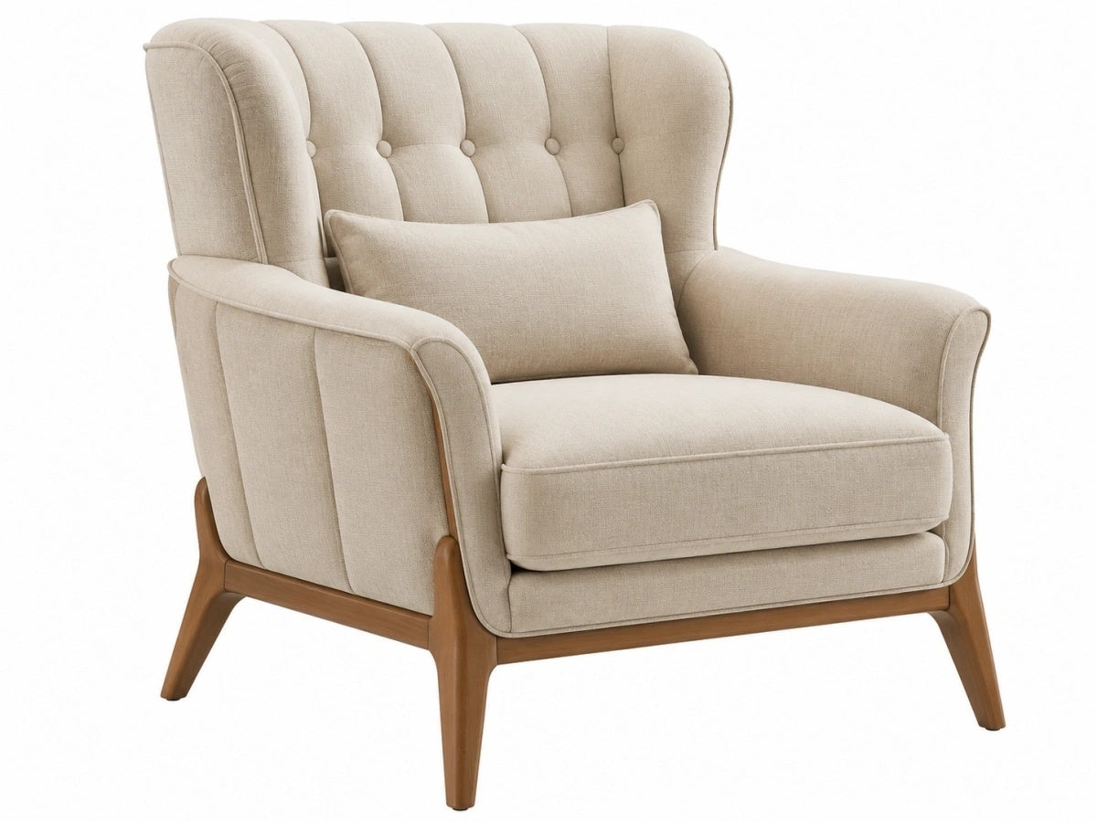 Poltrona Imbottita - Tessuto Beige Legno Design Elegante